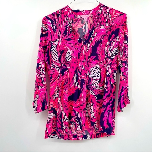 Lilly Pulitzer Blouse – Mandarin Collar, V-Neck, 3/4 Sleeves – Blue, White & - Picture 1 of 10